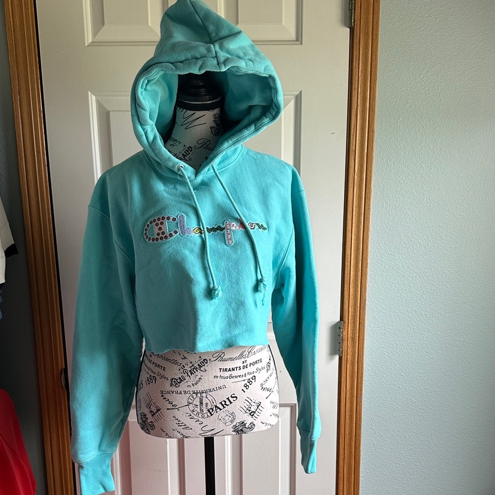Champion Teal Cropped Hoodie with Embroidered Logo